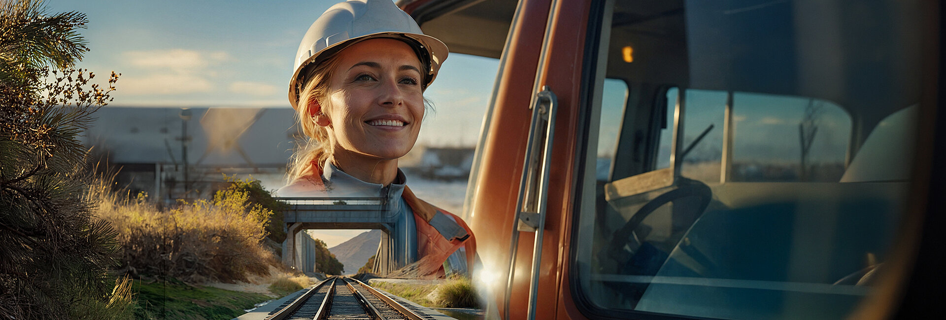 A person wearing a white safety helmet and reflective vest stands and smiles inside an open, parked red train or rail vehicle, positioned near train tracks in a sunlight-lit, grassy environment.