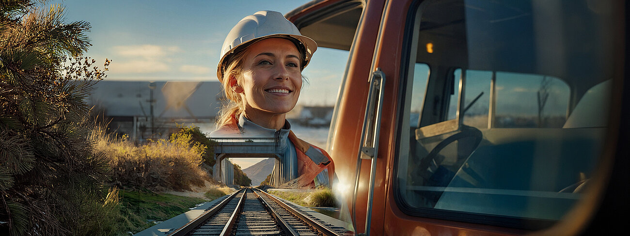 A person wearing a white safety helmet and reflective vest stands and smiles inside an open, parked red train or rail vehicle, positioned near train tracks in a sunlight-lit, grassy environment.