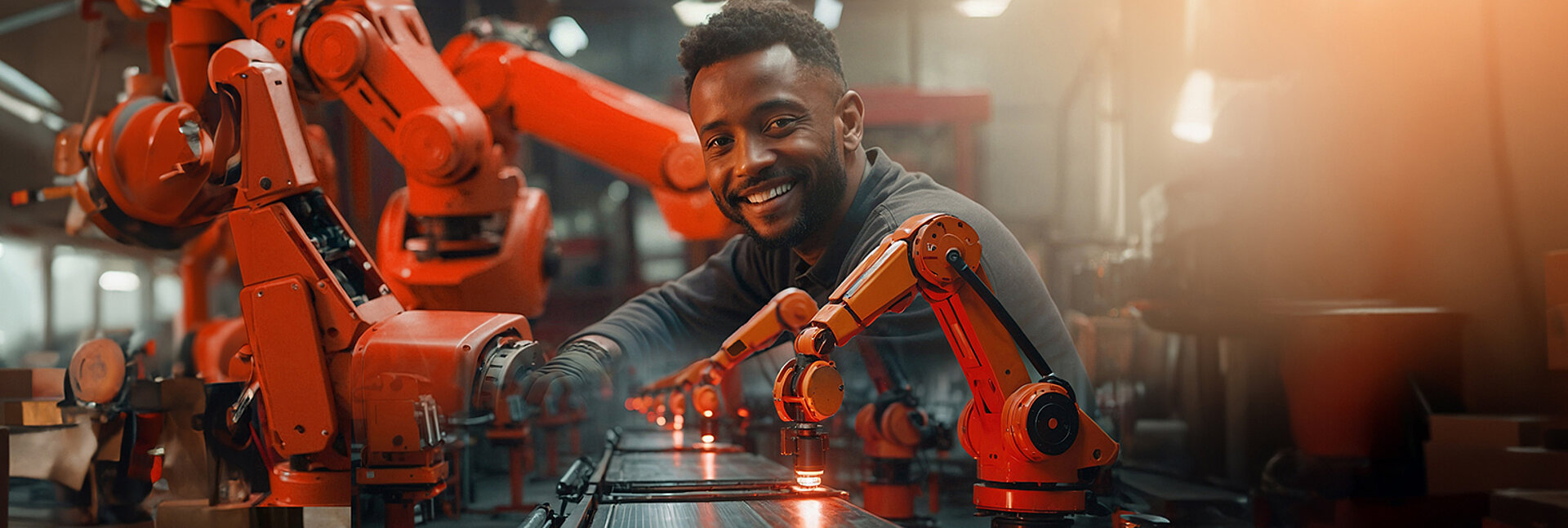 Futuristic industrial setting featuring a man confidently operating a large, red robotic arm over a workbench with mechanical parts. He appears engaged in assembling or adjusting components.