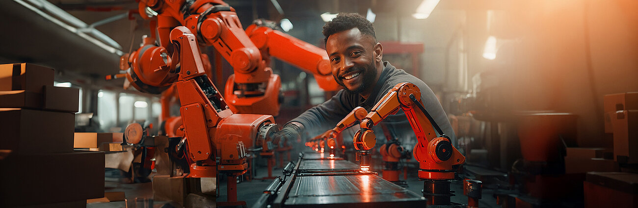 Futuristic industrial setting featuring a man confidently operating a large, red robotic arm over a workbench with mechanical parts. He appears engaged in assembling or adjusting components.