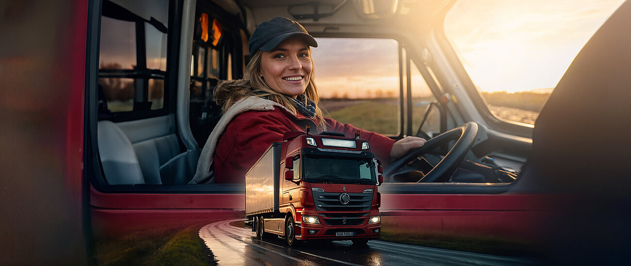 A smiling person wearing a headscarf and jacket sits in the driver's seat of a large truck during sunset, holding the steering wheel. They appear focused and satisfied while driving.