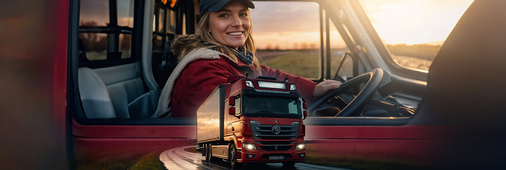 A smiling person wearing a headscarf and jacket sits in the driver's seat of a large truck during sunset, holding the steering wheel. They appear focused and satisfied while driving.