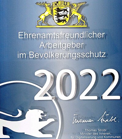 Auszeichnung als ehrenamtsfreundlicher Arbeitgeber im Bevölkerungsschutz.