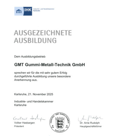 Urkunde der IHK Karlsruhe zur Auszeichnung für hervorragende Ausbildungsqualität.