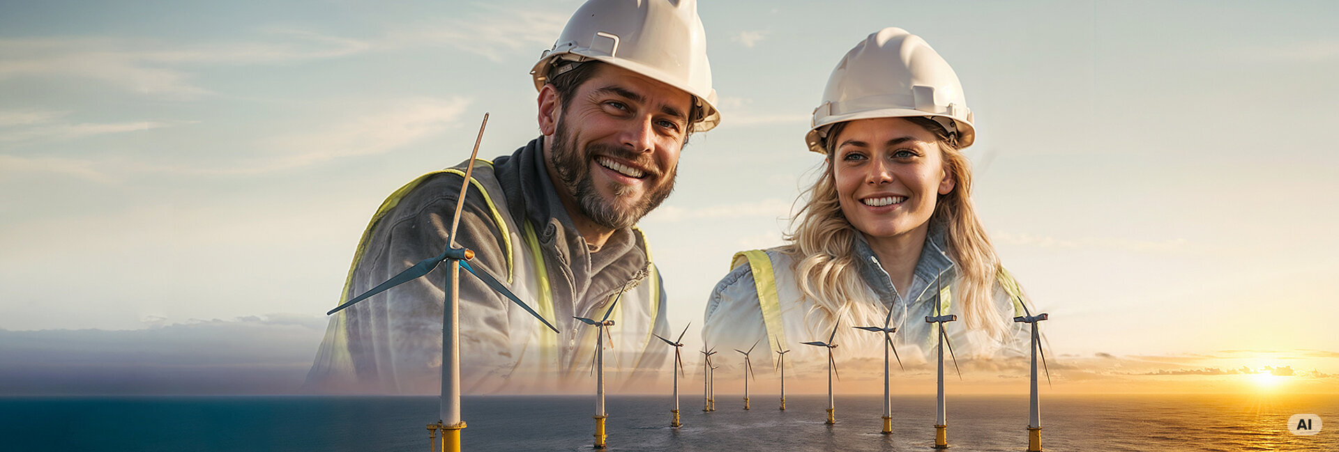 Zwei lächelnde Personen mit Schutzhelmen und Warnwesten vor einem Windpark auf See bei Sonnenuntergang, symbolisch für nachhaltige Energielösungen. Im Hintergrund weiße Windkraftanlagen auf dem Meer.