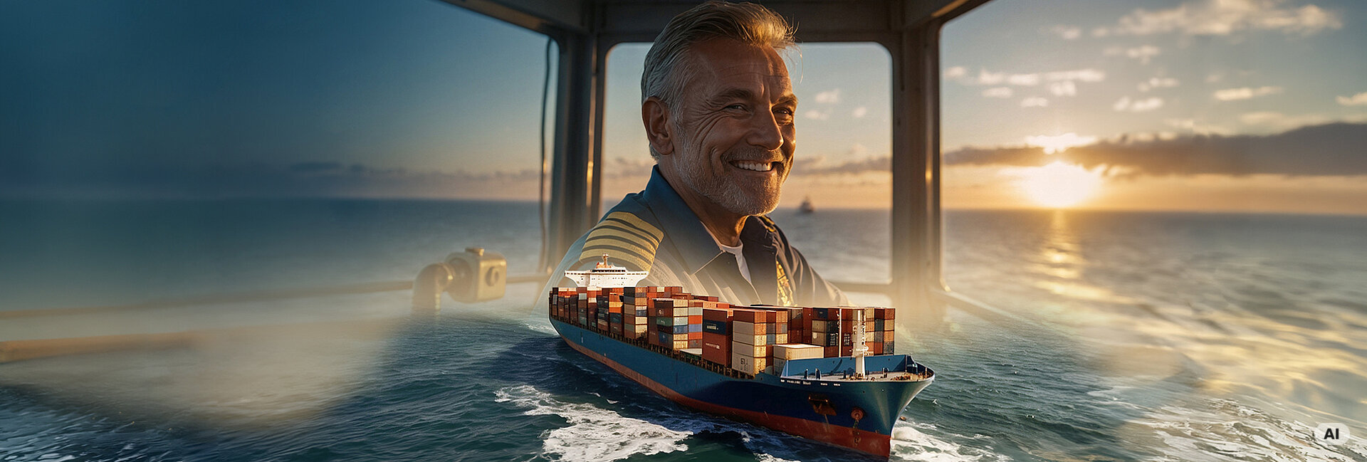 A joyful older man in a captain’s uniform stands confidently aboard a ship at sunset, overlooking a large container vessel drifting on calm, glowing blue waters with a rewarding, peaceful ambiance.