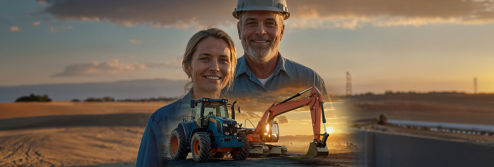 A construction worker wearing a blue helmet-smiling beside a tractor at a construction site during sunset, standing beside an elderly woman also smiling for the camera.
