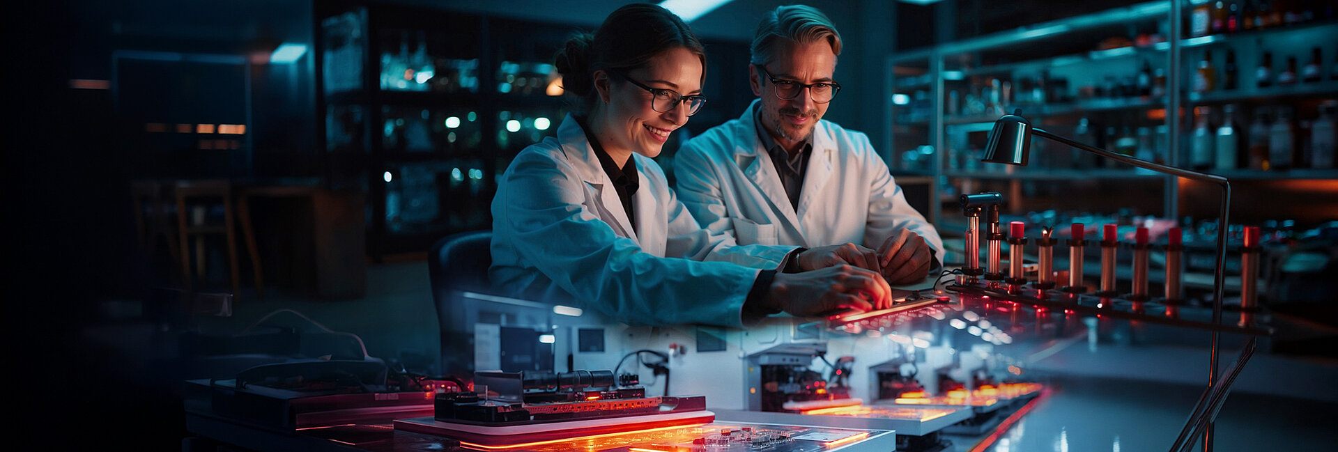 Zwei Wissenschaftler oder Ingenieure in einem gut ausgestatteten Labor untersuchen gemeinsam ein technisches Bauteil oder eine Experimentieranordnung an einem Arbeitstisch mit leuchtenden Komponenten und Rohren.