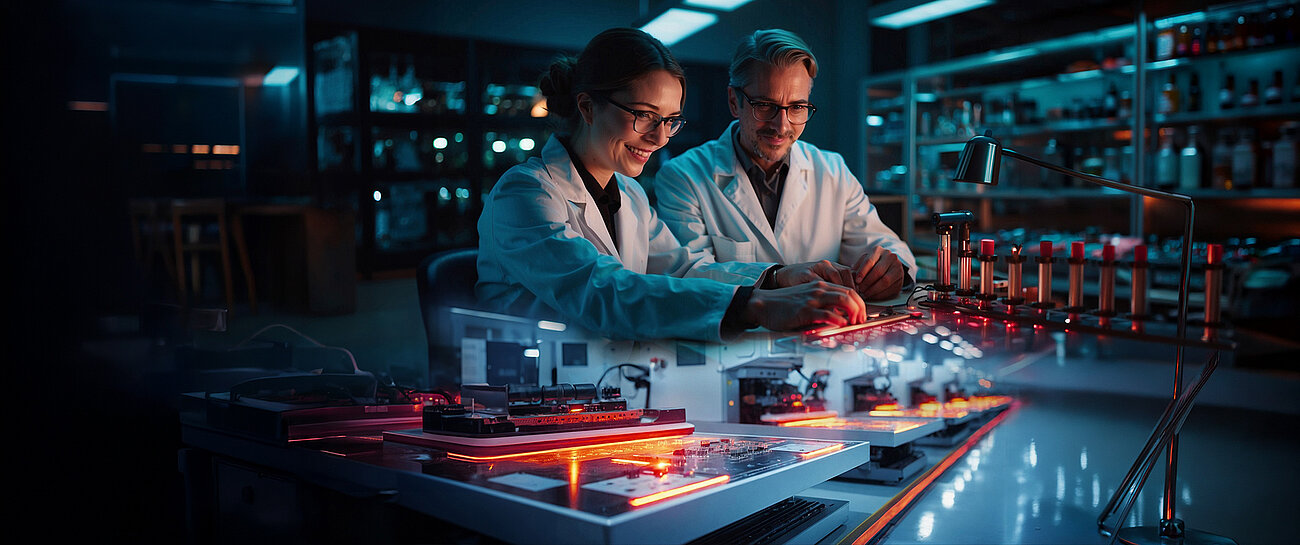 Two researchers in a high-tech lab are collaborating over a glowing, advanced electronic setup or circuit board, likely testing or assembling futuristic technology with bright, glowing orange components.