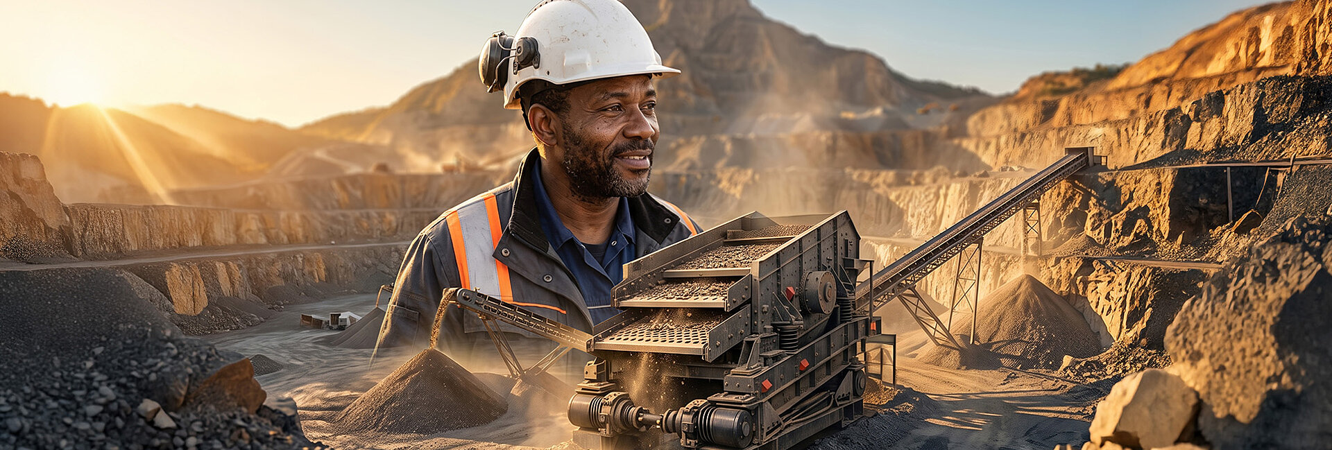 A mining worker wearing a white hard hat and reflective safety clothing operates heavy crushing machinery in an outdoor quarry, with rocky terrain and a large pit behind him. Dust and sunlight appear faintly in the background.
